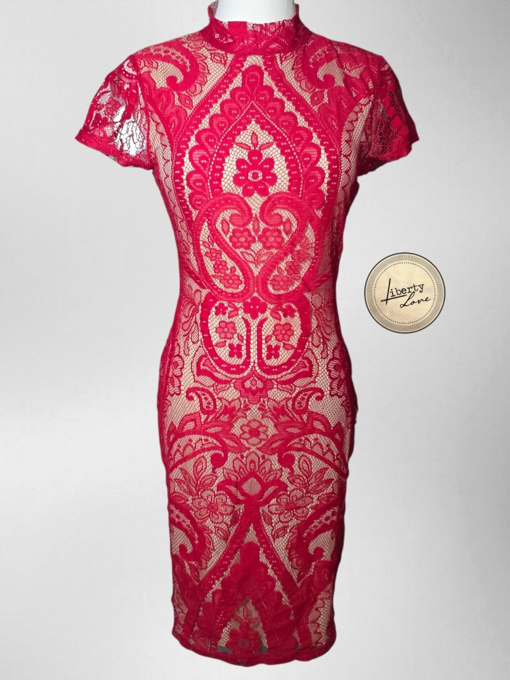 LIBERTY LOVE Fitted Red Lace Midi Dress - Small
